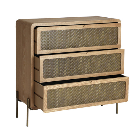 Aparador Nevoy en madera de pino con detalles en aluminio, diseño compacto y funcional con tres amplios cajones para almacenamiento.