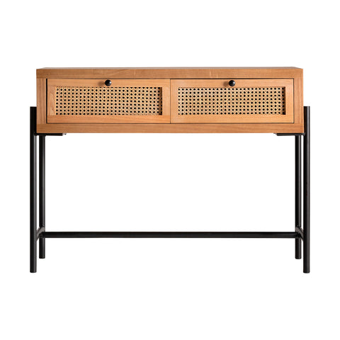 Aparador Zetel en madera natural, ratán e hierro, diseño contemporáneo con dos cajones y materiales duraderos, ideal para salones y estudios
