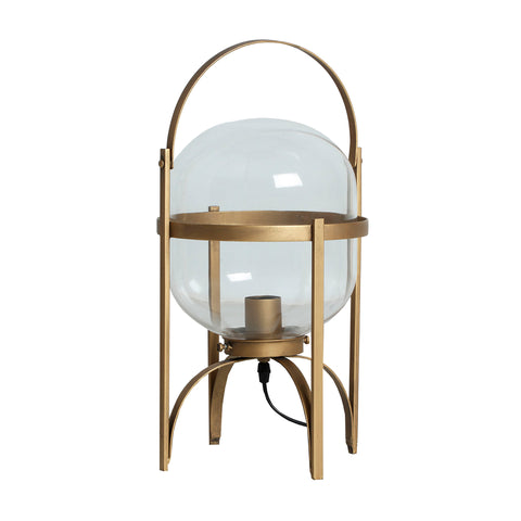 Lámpara de mesa Vische con estructura de hierro dorado y pantalla esférica de cristal, estilo moderno y elegante.