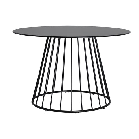 Mesa de comedor Celije con tablero de metacrilato negro veteado y estructura de hierro, diseño moderno y elegante para hasta 6 comensales.