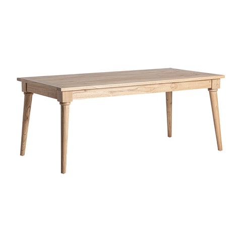 Mesa de comedor Nyry en madera mindi, diseño robusto y elegante con capacidad para 8 comensales, ideal para espacios modernos y tradicionales.