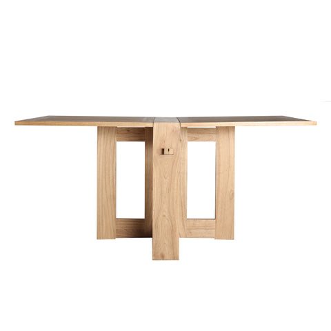 Mesa de comedor plegable Nyry en madera mindi, diseño práctico y elegante ideal para espacios reducidos y hasta 6 comensales.