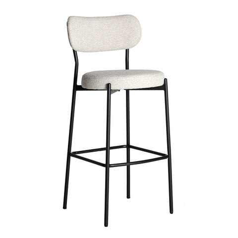 Pack de 2 taburetes altos con respaldo, estructura de metal negro y asiento tapizado en poliéster.