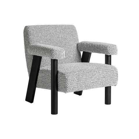 Sillón estilo art deco gris y negro con estructura cuadrada y tapizado en algodón bouclé.