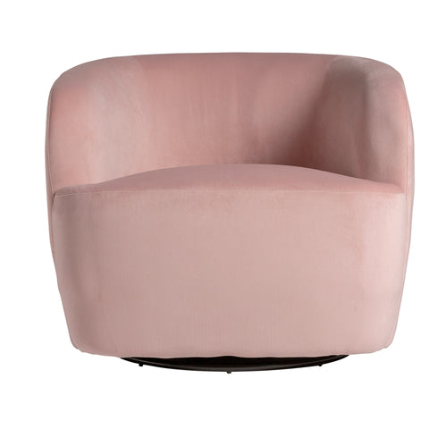 Sillón giratorio Bougue tapizado en terciopelo rosado con estructura de madera de pino, diseño elegante y funcional para espacios modernos.