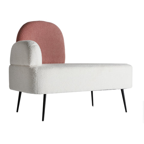 Sofá Bats de una plaza en algodón bouclé blanco y rosa con estructura de hierro y patas ajustables, ideal para espacios modernos y acogedores.