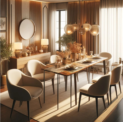 Una imagen elegante de un comedor acogedor y estiloso que muestra una variedad de mesas de comedor.