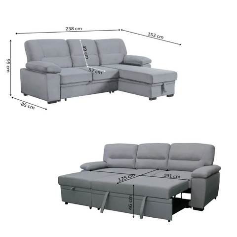Sofá Cama Chaise Longue Emma Gris Terciopelo - 238x153cm