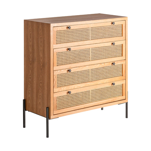 Aparador Zetel en madera DM, ratán y hierro, diseño versátil con cuatro cajones y estilo sofisticado para dormitorios o salones.