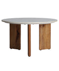 Mesa de centro contemporánea con estructura de madera de mango y sobre blanco de terrazo.