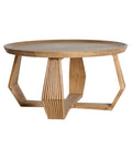 Mesa de centro estilo colonial fabricada en madera mindi con acabado natural.