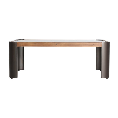 Mesa de centro rectangular de diseño rústico, fabricada en madera de abeto con estructura metálica negra y tablero de cristal templado.