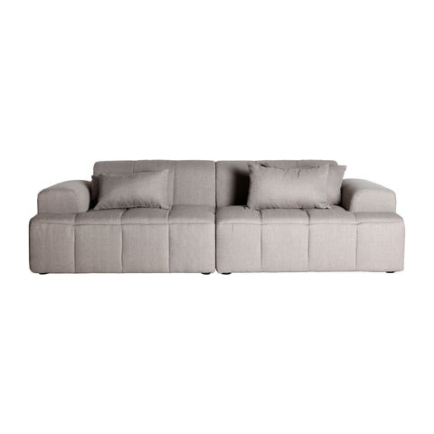 Sofá Dangu de 3 plazas en lino y madera de pino, diseño elegante y confortable con estructura modular y patas regulables.