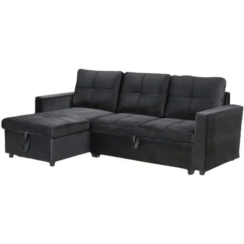 Sofá cama chaise longue negro con almacenamiento y sistema de arrastre, diseño moderno.