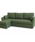 Sofá cama chaise longue verde con almacenamiento, diseño reversible y tapizado de poliéster.